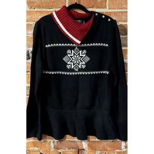 American Living Women's‎ Sweater Red Black Cowl Neck Peplum Snowflake XL